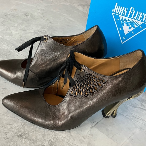 John Fluevog Estella Gold Scroll Heels - Picture 12 of 16